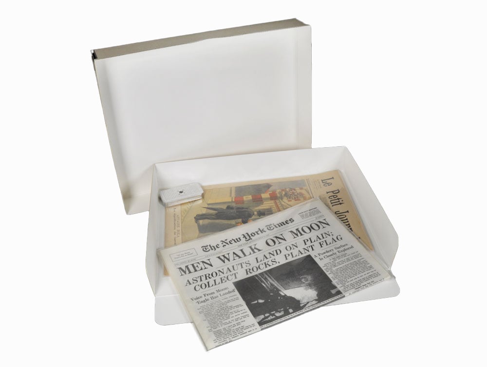 Newspaper 2-Piece Storage Box., 16-7/8 x 25 x 2-1/2, BLACK Archival  Conservation Board., Holds up to 10 older flat newspapers. 2